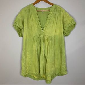 Free People Green Short Sleeve Oversized V-neck Linen Blend Bleach Dye Tunic Top